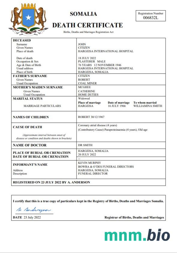 Somalia rekord życiowy śmierć certyfikat Word i PDF szablon